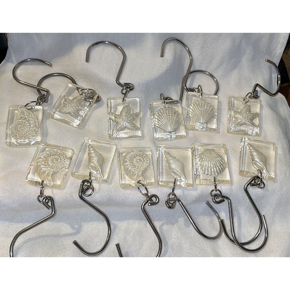 Lucite Etched Transparent Shell Shower Curtain Rings Ocean Seashore - Picture 2 of 9
